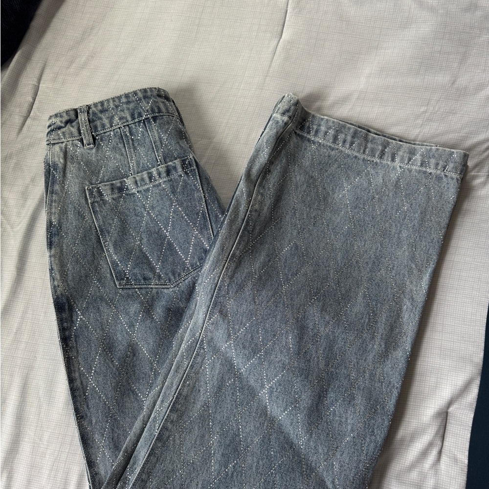 NEW House of Harlow Rhinestone Wide Leg Jeans | Size 4 (27) | light blue - Picture 9 of 13
